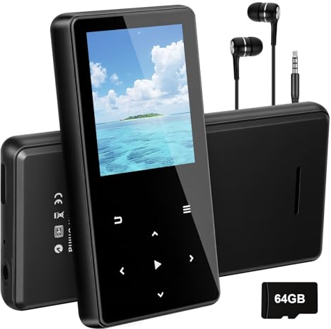 Aroeally MP3 Player 64GB mit Bluetooth, Mini Digitaler Musik Player mit Lautsprecher, FM Radio, HiFi Audio, MP3 & MP4 Player, Kopfhörer inklusive