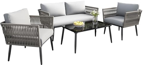 gonew21 Modulares 5‑TLG. Lounge Set – Mit 2 Einzelsofas, Dreisitzer, Sitzbank & Beistelltisch, Balkonmöbel Set wetterfest aus PE‑Rattan in Grau für Garten, Balkon & Terrasse