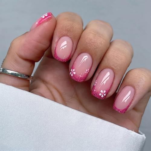 Ceriselle Ongles à coller courts, 24 pièces Press On Nails & faux ongles, kit d’ongles ovales en gel souple, faux ongles réutilisables avec colle et pastilles adhésives pour manucure à domicile