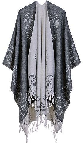 UK_Stone Poncho Damen Cape Trachtentuch Umhang Stola Schultertuch Klassischer Stil aus Acrylic mit Cashew-Blumenmuster Herbst und Winter, Grau