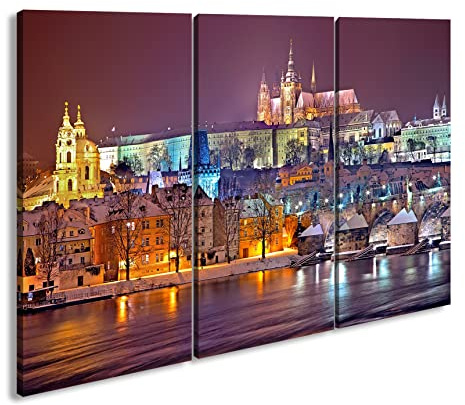 Leinwandbild Erhellendes Prag bei Nacht – Lichter der Geschichte Format: 120x80 cm (3Teilig) XXL Kunstdruck Bild auf Keilrahmen/Wandbild/Wohnzimmer Deko