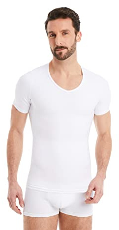 FINN Maglia Dimagrante Uomo con Scollo a V - Canottiera Snellente a Maniche Corte in Cotone - Camicia compressiva Body Shaper per Una Pancia più Piatta Bianco 3XL