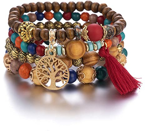 Branets Pulseras de cuentas de madera bohemias para mujer, pulseras elásticas de múltiples capas, con borla elástica para árbol de la vida, brazaletes de declaración de amor, Madera