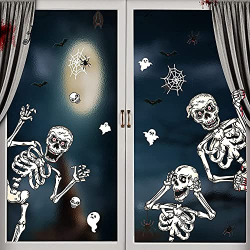 Halloween Deko Fensterbilder,Jusduit Skelett Deko Fenster Gruselige Schädel Fenster Aufkleber DIY HalloweenFensterbilder Abnehmbare HalloweenTotenkopf Aufkleber für Halloween Party
