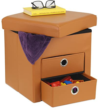 Relaxdays Sitzhocker mit Stauraum, 2 Schubladen, Griffe, modern, faltbar, gepolstert, Hocker HBT: 38x37,5x37,5 cm, braun