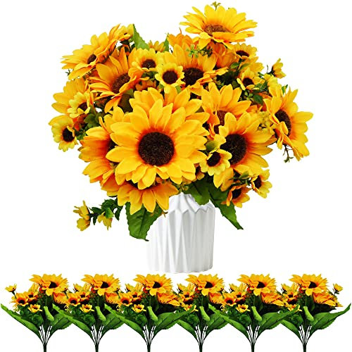 ROLLWAY 4 Bündel Kunstblumen Deko Balkon Künstliche Blumen 52 Sonnenblumen Seidenblumen wie echt Fake Sunflower Pflanzen Herbstblumen Blumendeko für Aesthetic Deko Hochzeit Garten (13 Köpfe/Bündel)