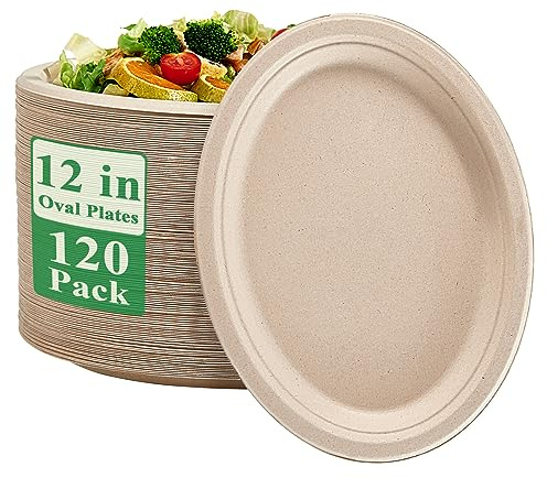 Vplus 100% Compostable Oval Paper Plates 12 inch 120 Pack Super Strong Disposable Dinner Plates Natural Biodegradable Eco-Friendly Sugarcane Plates for BBQ, Party, Gathering, and Picnic