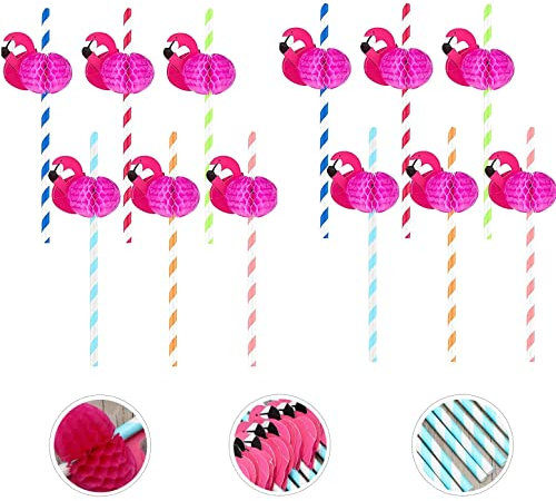 Cocktail Strohhalme, Packung mit 50 3D Papierstrohhalmen, biologisch abbaubare Einweg Trinkhalme mit Flamingo für tropische Getränke, Strand, Geburtstag, Hochzeit, Hawaii, Party Dekoration