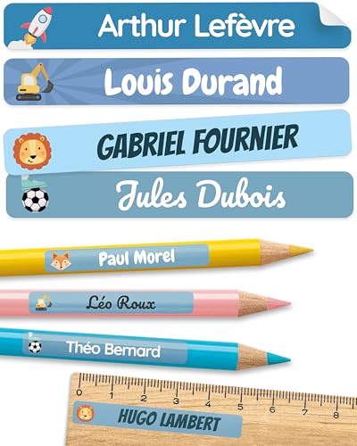150 Étiquettes autocollantes personnalisées pour l'école - Étiquettes prénom pour crayons et matériel scolaire - Résistantes à l'eau - Bleu