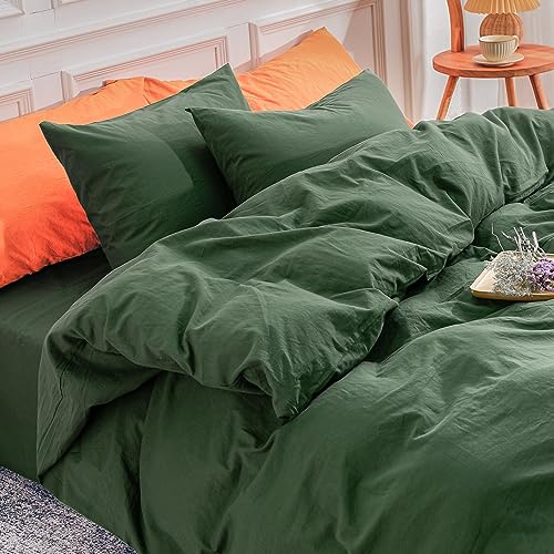 NEXHOME PRO Duvet Cover Set Queen Size Linen Feel Textured Organic Natural 100% Washed Cotton Duvet Cover 3 Pieces Bedding Set with Zipper Closure, Breathable, Soft, Forest Green (No Comforter)