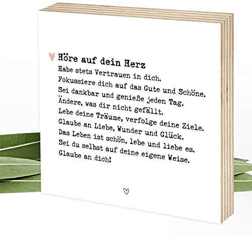 Wunderpixel® Holzbild Höre auf dein Herz - 15x15x2cm zum Hinstellen/Aufhängen, echter Fotodruck mit Spruch auf Holz - schwarz-weißes Wand-Bild Aufsteller Zuhause Dekoration Geschenk-Idee Achtsamkeit