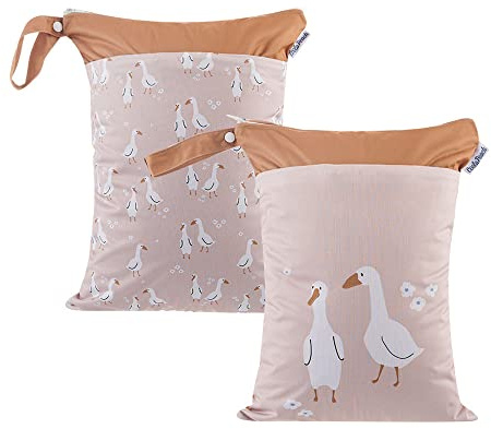 Treer Windeltasche für Babys Unterwegs, 2 Stück Stoffwindeln Nasstaschen Wasserdicht Waschbar Groß mit Doppelreißverschluss Nasse Trocken Wickeltasche Wetbag Kindergarten (Khaki-Ente,30x40cm)