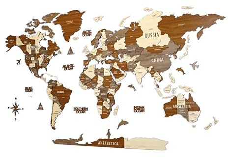 Colorfull Worlds NEU_3D-Weltkarte aus Holz, mehrschichtige Reisekarte mit Hauptstädten, Wanddekoration für neues Zuhause, Geschenk für Reisende, Bürodekoration (M, Sirius)
