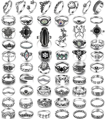 17IF 60 PCS Vintage Silver Goth Ring Set for Women, Punk Boho Chunky Knuckle Stackable Finger Ring Pack Aesthetic Grunge Adjustable Retro Stone Opal Crystal Cat Snake Flower Gothic Rings