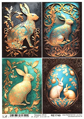 Josys Bastelmärchen Reispapier A4 Strohseide Decoupage Ostern Hasen Patina Gold Blumenmuster RE1749