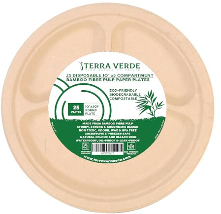 Terra Verde 25-Pack 10 3-Compartment Bamboo Fibre Pulp Biodegradable Plates, Unbleached Brown, Odour-Free, Strong, Food-Safe, Leak-Proof, Microwave-Safe Disposable Tableware for Parties, BBQ, Events