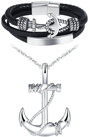 INFINIONLY Herren Edelstahl Anker Halsketten und Armbänder Schmuck-Sets Mode Ketten mit Anker Anhänger Klassisches Mehrlagiges Geflochtenes Leder Armband mit Anker und Edelstahl Schließe