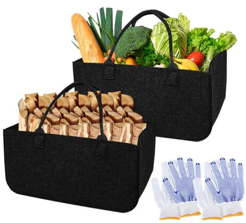 2 Stück Filztaschen Shopper Einkaufskorb Groß Set,50x25x25cm Holzkorb für Kaminholz Filzkorb, mit 2 Handschuhen, Einkaufstasche Filz, für Holz, Brennholz, Einkauf, Zeitung