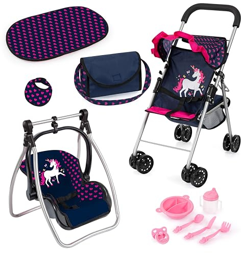 Bayer Design 21554AB Puppenbuggy mit Dach, Doppelräder, zusammenklappbar, Tasche, Wickelunterlage, Wiege, Zubehör