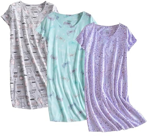 Inadays 3 Pack Women's Cotton Nightgown Sleepwear Short Sleeves Nightshirt Fun Print Sleepdress Loose Comfy Sleepshirts Cup+Purple+Dragonfly-XL