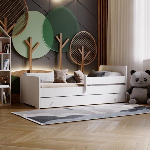 KOBI Lit Enfant Max Blanc | 140x70 | avec tiroir, Balustrade et Matelas | pour Filles et garçons | pour Chambre d'enfant |