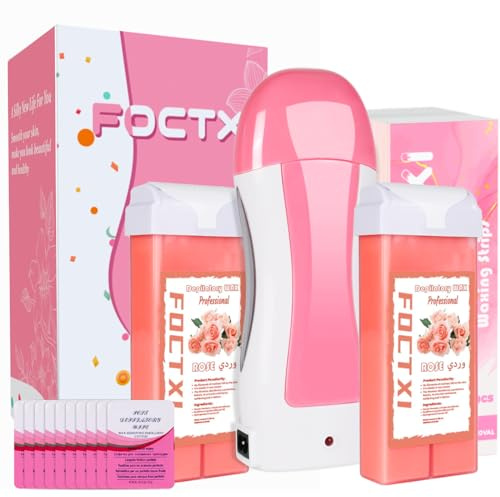 FOCTXI Hair Removal Kit for Hair Removal for Women and Men with Strip, Roll On Wax Kit with 2 Rose Soft Wax Cartridge & 100 Non-Woven Wax Strips, at Home Waxing Kit for Women, Soft, Pink