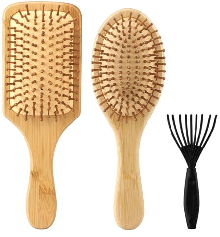 Set Spazzole Capelli in Bamboo Naturale, Spazzole e Pettini in Bambù Naturale Ecologico per Massaggio del Cuoio Capelluto, Spazzola Portatile per Capelli, Spazzola per Capelli
