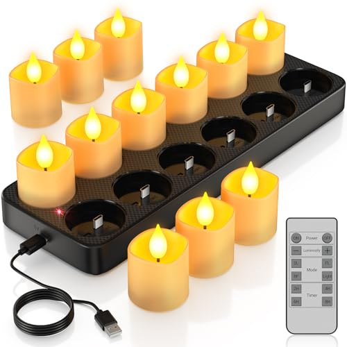 PChero Rechargeable Flameless Candles with Remote Timer & Charging Base, 12 Pack Votive Candles Battery Operated Tea Lights Flickering, LED Tealights for Home Wedding Halloween Fall Christmas Decor