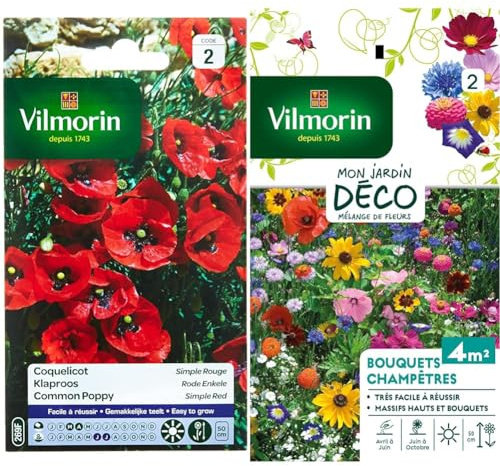 Vilmorin 5241442 Coquelicot Simple, Rouge, 90 x 2 x 160 mm & 5859542 Pack de Graines Fleur pour Bouquets Champêtres