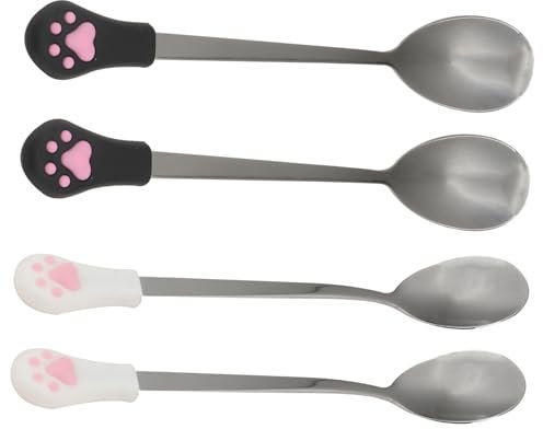 BESPORTBLE 4pcs Dog Food Spoon and Cat Food Canned Scoop Set Stainless Steel and Silicone Material Pet Can Spoon for Feeding Dogs and Cats Includes Black and White Paw-Shaped