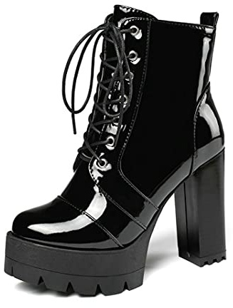 Mujer Charol Botines con Plataforma Tacón Ancho Alto con Cordones Botas De Combate Fiesta,Negro,37 EU