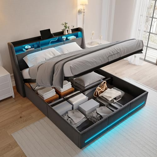 YYXLDYNB Bagagebädd 160 x 200 cm, säng för 2 personer med LED-belysning och USB-laddning, hydraulisk säng med förvaring, ribbotten, utan madrass, grå