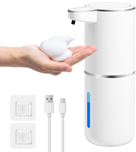Gaethra Seifenspender Automatisch, 380ml Elektrischer Seifenspender mit Sensor, Schaumseifenspender mit USB Wiederaufladbar, 4 Stufen Verstellbar Seifenspender Wandbefestigung(Weiß, Schaumspender)