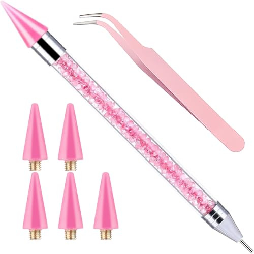 Dual-Ended Rhinestone Picker Dotting Pen for Nail Art - Wax Pencil with Pink Handle, Perfect for Picking Up Jewel Gems, Crystals and Studs, With 4 Extra Wax Tips & 1 Tweezer