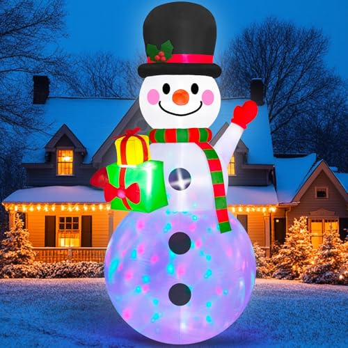 Danxilu 2,44M Schneemann Aufblasbare Weihnachts-Deko mit Farbiger LED-Beleuchtung & Geschenkbox, XXL Außendekoration für Garten, Rasen und Feste Draußen