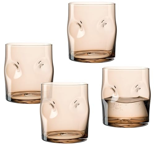 LEONARDO HOME VESUVIO - 077372 - Lot de 4 verres de couleur marron - 300 ml - Fabriqués à la main - Verres à eau - Passent au lave-vaisselle - Encoches uniques pour un confort optimal