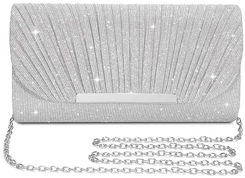 Fjquamitix Clutch Bag for Women, Elegant Evening Bag with Removable Chain, Glitter for Weddings, Proms, Parties, Roomy Glamorous Purse with Chain Shoulder Strap (Silver)