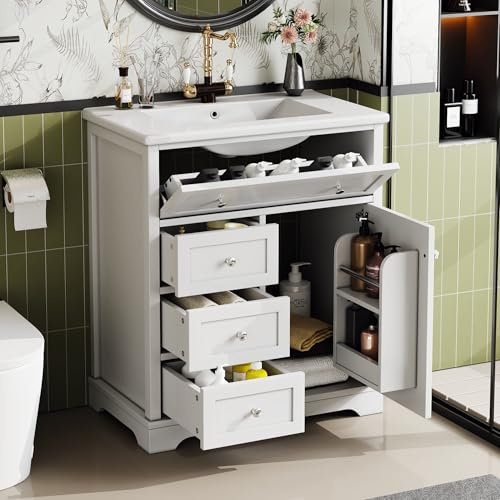 Biqzuya Meuble lavabo Salle de Bain 76x46x87cm avec Vasque, Meuble sous Vasque, revêtement Anti-humidité, tiroirs Silencieux, Cadre Porte, tiroir escamotable, céramique, Blanc