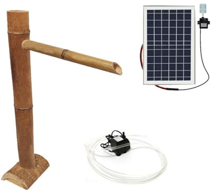 GIQKDZNUO Fontaine Solaire en Bambou 80 cm avec Pompe, Fontaine Feng Shui Zen avec Radeau et louches en Bambou, décoration de Jardin, pour intérieur et extérieur.