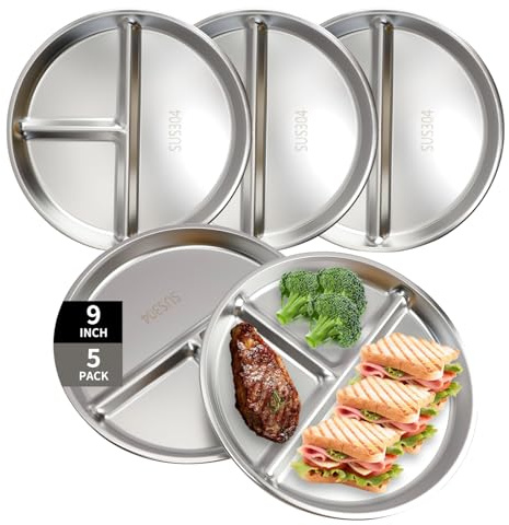 MAIJIAJU 6 stycken tallrikar med avdelning, 23 cm 304 metall rostfritt stål tallrik set portionskontrolltallrikar för barn vuxna Unbreakable rostfria tallrikar runda rätter camping metalltallrik för