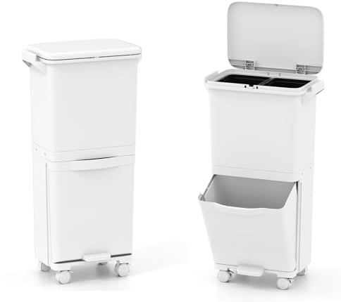 COSTWAY 40L Pattumiera Differenziata a 3 Scomparti, Bidone per Spazzatura con Cestino Rimovibile e 4 Ruote, Secchio Rifiuti a Pedale per Cucina Sala da Pranzo Soggiorno (Bianco)