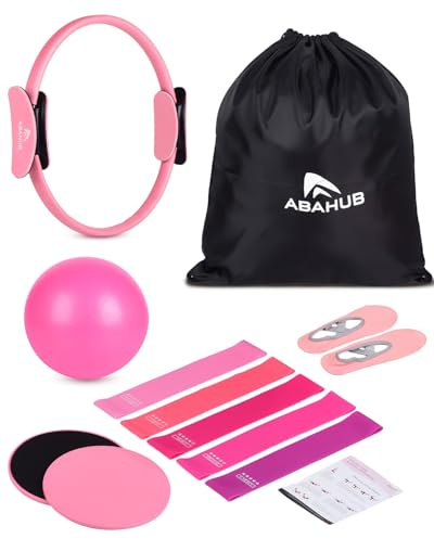 Abahub Pilates Ring Set, 35CM Magic Circle, 25CM Mini Ball,5er Set Fitnessbänder,Yoga Socken,Gleitscheiben,für Frauen Heimtraining, für Kraft, Flexibilität, Stabilität und Körperstraffung, Rosa Set