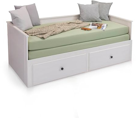 KHG Tagesbett mit Ausziehfunktion 90-180x200cm weiß integrierte Schubkästen mit Lattenrost Holzwerkstoff moderner Landhaus-Charme