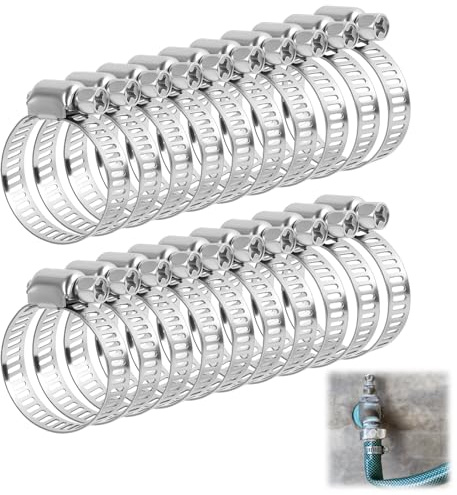 20PCS Hose Clips Stainless Steel, 16-25mm Adjustable Clips Worm Drive Hose Pipe Clamps, Small Metal Clips for Garden Hoses Radiator Fuel Exhaust Washing Machine Plumbing and DIY Connections