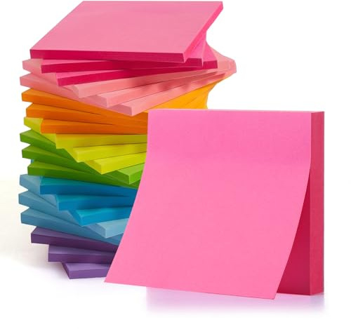 KIFZM 24 Pads Self-Stick Note Pads 76 x 76 mm, Self-Adhesive 3 x 3 in for Presentations, Office, Home, Notebook (Bright Colors)