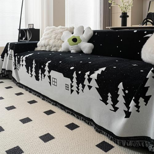 Highdi Weihnachtsbaum Sofaüberwurf Weich Chenille Sofabezug für 1/2/ 3/4 Sitzer L Form Ecksofa, Einteiliger Universelle Sofaschoner rutschfest Sofadecke, Couch Überwürf (Schwarz,180x130cm)
