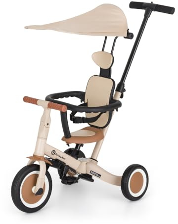 Petite&Mars Turbo Plus 5in1 Kinder-Dreirad & Laufrad | Multifunktionales 3–5-Rad mit Sonnendach | Für 1,5–5 Jahre | Abnehmbarer Pedalantrieb, Verstellbarer Sitz, Gurt, PU-Räder (Desert Sand)