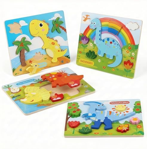 Vivyklfc Montessori Holzpuzzle-Set für Kinder, 40Pcs Steckpuzzle mit Formen zum Zuordnen, Lernspielzeug, Pädagogisches Vorschulspielzeug als Geschenk für Jungen und Mädchen ab 3 (Dinosaurier)