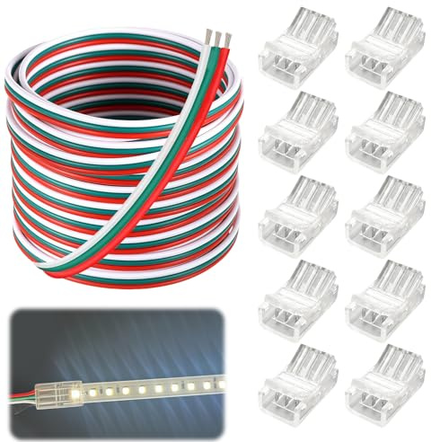 Lote de 10 conectores de cinta LED de 3 pines de 10 mm con cable de extensión de cinta LED de 5 m, 12 V/24 V CC, cable flexible de cobre 22 AWG 5 A con conectores para WS2812B WS2811 Familia Comercial
