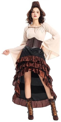Generico Costume CarnevaleDonnapirata Set di 3 Costumi da Abito Medievale con Top A Spalle Scoperte E Corsetto Dapirata Estito Vichingocarnevale Festa in Maschera (3-Beige-c, S)